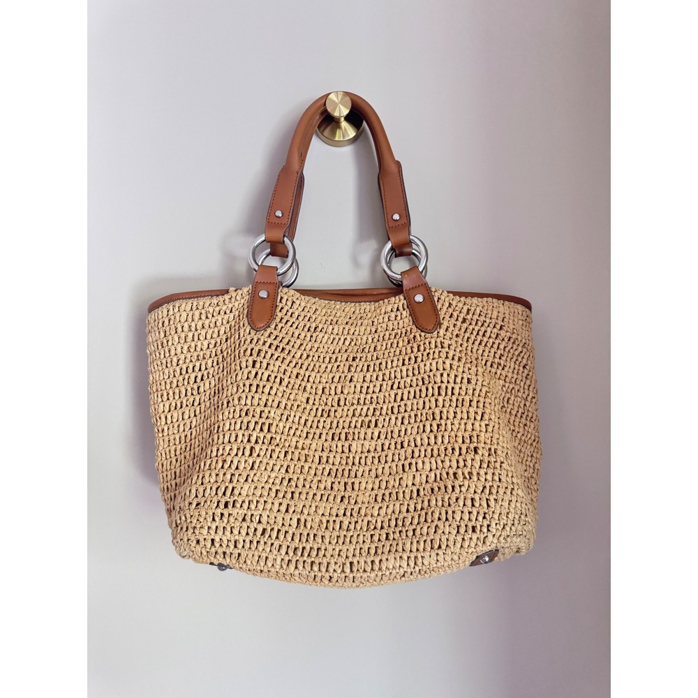 Lauren Ralph Lauren Polo rings Straw Woven Tote Bag Brown Leather trim